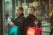 © mirifadapt - two woman enthusiastically comparing their new clothes, their hands full of branded shopping bag