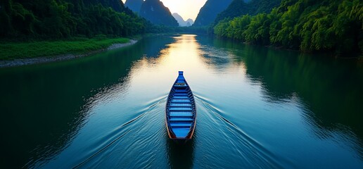 Canvas Print - Riverboat sunset journey, serene mountainscape. Travel brochure