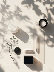 Leinwandbilder - Elegant arrangement of minimalistic objects with shadows and foliage in natural light. Generative AI