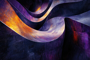 Poster - Abstract artwork featuring swirling, metallic forms in shades of purple, orange, and deep hues.  The image evokes depth and movement.