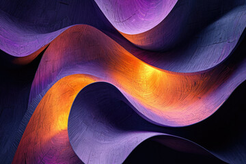Poster - Abstract art showcasing swirling, textured waves in vibrant purple and warm orange hues, illuminated from within.