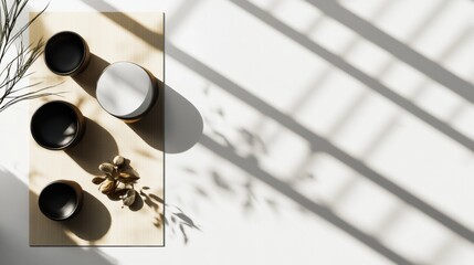 Poster - Decorative table arrangement with ceramic bowls and natural elements in soft sunlight and shadow patterns. Generative AI