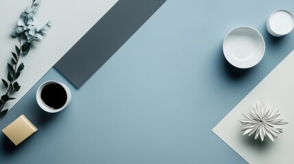 Leinwandbilder - Minimalistic workspace arrangement featuring coffee, pottery, and decor on soft blue background. Generative AI