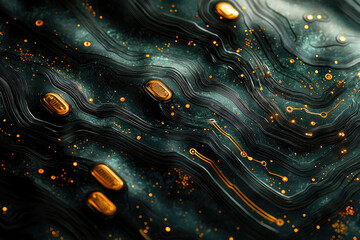 Poster - Abstract digital art depicting a circuit board with a dark, wavy texture and gold accents.
