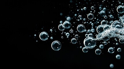 Poster - a lot of bubbles float on a black background with a droplet at the base