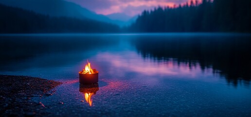 Canvas Print - Lakeside campfire at sunset, serene mountains