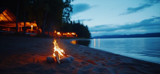 Canvas Print - Lakeside campfire at dusk, cabin in background, peaceful evening