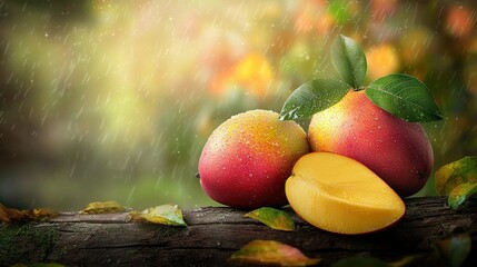 Wall Mural -   A few mangoes perch on a tree limb with a sliver of fruit atop them