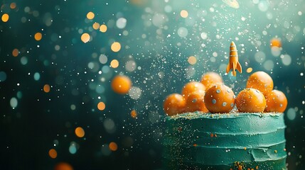 Wall Mural - a cake with a rocket on top and orange slices surrounding it, set against a hazy backdrop