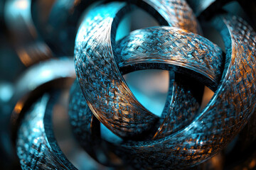 Poster - Intricate metallic rings interlock, creating a complex, abstract design with a textured surface.