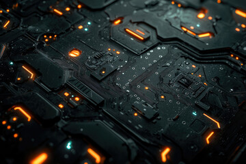 Poster - Close-up of a futuristic circuit board with glowing orange accents, showcasing intricate details and technological complexity.