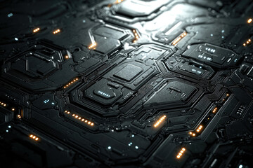 Poster - Close-up of a dark, intricate circuit board with glowing components, showcasing technological complexity.
