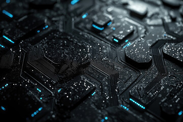 Poster - Close-up of a futuristic, wet, dark circuit board with glowing blue accents.