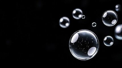 Wall Mural - a group of bubbles floats in the air against a black backdrop a few tiny bubbles rise atop the large