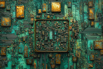 Poster - Close-up view of a complex, aged circuit board with intricate pathways and components.