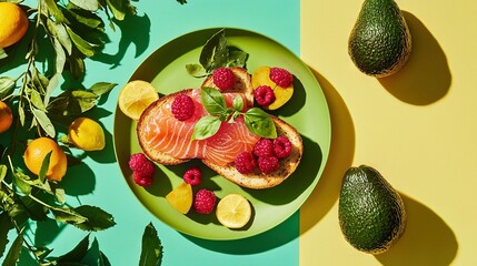 Wall Mural -   A beautiful plate of salmon, raspberries, lemons, and avocado against a vibrant blue and yellow backdrop