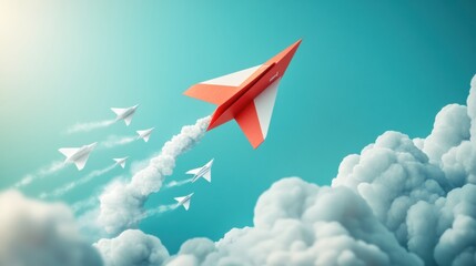 Aufkleber - Red and white airplane leads smaller paper planes through a clear blue sky symbolizing guidance and teamwork. Generative AI