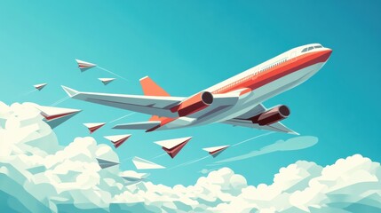 Aufkleber - Red and white airplane guiding smaller paper planes through a clear blue sky depicting direction and leadership. Generative AI
