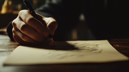 Poster - Person writing on a piece of paper in dim lighting with a focused expression in a cozy indoor setting. Generative AI