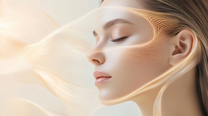 Wall Mural - Golden lines flow gracefully around a young womans face representing Botox lifting effect in a serene setting. Generative AI