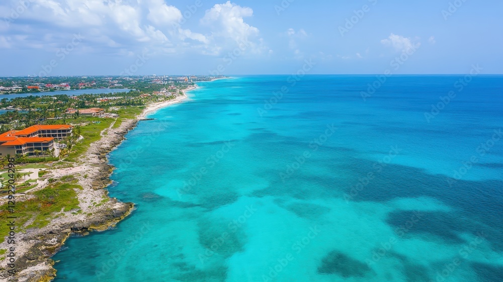 A breathtaking aerial shot of a vibrant blue ocean contrasting against a glowing orange coastline, creating a stunning natural landscape.  
