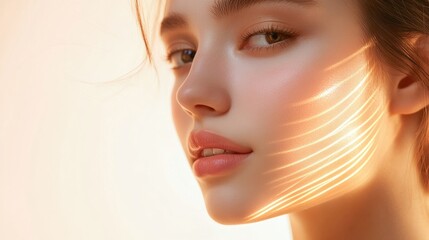 Poster - A young woman gazes thoughtfully as abstract golden lines gracefully surround her face, illustrating the rejuvenating power of modern aesthetics