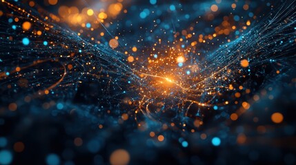 Abstract Glowing Digital Data Streams in Blue and Orange Tones
