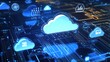 © Tanya - A futuristic 3D-rendered illustration of cloud computing, featuring digital clouds and data icons floating above a glowing circuit board, symbolizing connectivity and technology.
