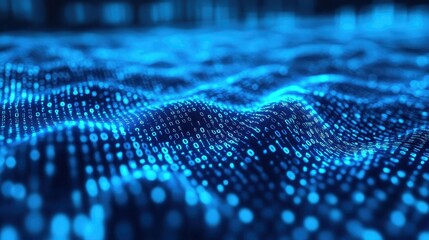 cyber data wave with blue binary code over digital landscape