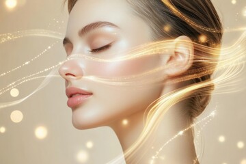 Aufkleber - Golden lines flow gracefully around young womans face, capturing the essence of beauty and rejuvenation effects. Generative AI