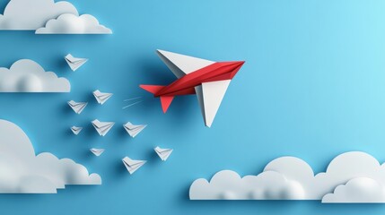 Aufkleber - Red and white airplane leading a formation of paper planes across a bright blue sky conveying leadership and guidance. Generative AI