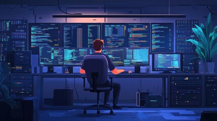 Young caucasian male coder working in high-tech computer lab with multiple screens