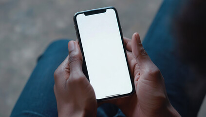 Wall Mural - Mockup, woman's hands holding mobile phone with finger touching on blank screen. Woman using smartphone, looking at the screen, overhead shot 
