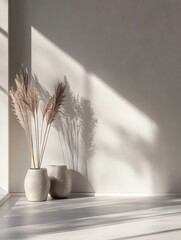 Poster - Decorative vases with dried plants casting shadows in a sunlit minimalist interior space. Generative AI