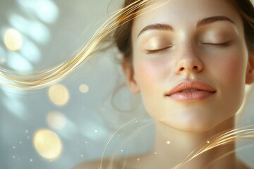 Aufkleber - Abstract golden lines flow around a young womans face showcasing the lifting effect associated with cosmetic treatments. Generative AI
