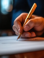 Aufkleber - Elegant hand writing in cursive with a golden pen on a white sheet at a cozy indoor setting. Generative AI