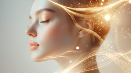 Aufkleber - Golden lines flow around a young womans face, expressing the aesthetic benefits of a Botox lifting effect. Generative AI