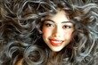 © R - Stunning smiling mixed-race girl - for ads, ad page and digital marketing use. Long trim - curly hair. Commercial ad campaign visual idea. Black girl art concepts. Black woman art advertising.
