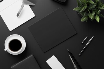 Poster - Creative workspace featuring stationery and coffee on a black tabletop. Generative AI