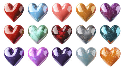 Aufkleber - Fifteen glossy hearts with different colors and textures on transparent background, ideal for valentine's day or romantic projects