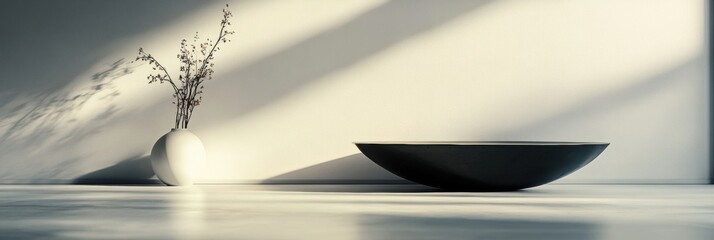 Aufkleber - Modern minimalist interior featuring a black bowl and a white vase with flowers in soft morning light. Generative AI