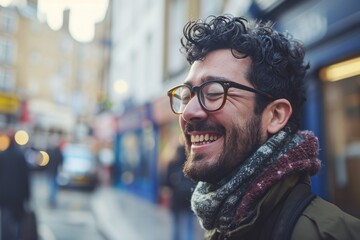 Wall Mural - Portrait of a handsome young man with long curly hair and glasses in the city