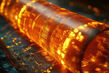 Poster - Glowing cylindrical data stream, abstract digital technology concept, futuristic circuitry.