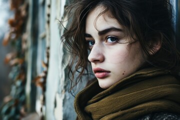 Wall Mural - Portrait of a beautiful girl with long hair in a green scarf