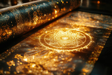 a golden, unfurling scroll reveals intricate celestial maps and mystical symbols, glowing with an et