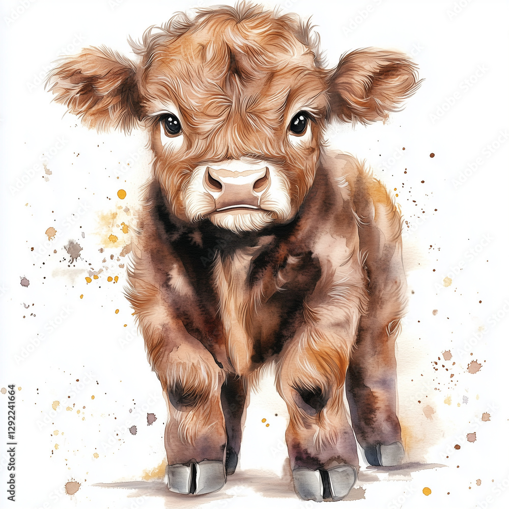 baby highland cow calf watercolour clipart illustration Stock ...