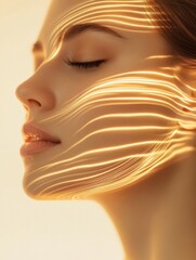 Aufkleber - Golden lines flow gracefully around a womans face, showcasing a modern approach to facial rejuvenation techniques. Generative AI