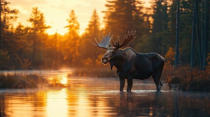 Wall Mural - Majestic moose standing in a serene lake at sunset, surrounded by lush trees and misty atmosphere