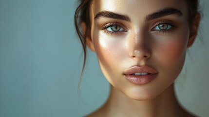 Poster - Close up portrait of a woman with flawless skin and striking green eyes in soft natural light. Generative AI
