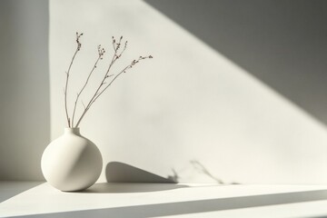 Poster - Soft light highlights a minimalist vase with delicate branches against a serene white background. Generative AI